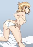  adjusting_clothes adjusting_swimsuit arm_support ass bare_shoulders bent_over bikini breasts brown_hair commentary_request from_behind fujikawa_daichi hair_ornament hairclip kneeling looking_at_viewer looking_back medium_breasts open_mouth orange_eyes senki_zesshou_symphogear shiny shiny_hair shiny_skin short_hair simple_background smile solo swimsuit tachibana_hibiki_(symphogear) 
