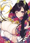  ane_naru_mono black_hair blush breasts chiyo_(ane_naru_mono) commentary_request cover cover_page demon_girl doujin_cover elbow_gloves flower gloves highres horns large_breasts long_hair looking_at_viewer mole mole_under_eye one_eye_closed pochi_(pochi-goya) purple_eyes sideboob smile solo star 