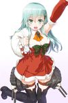  alternate_costume aqua_hair arm_warmers black_legwear blush boots breasts christmas_tree_hair_ornament cleavage collarbone dd_(ijigendd) detached_collar detached_sleeves dress eyebrows_visible_through_hair fur_trim green_eyes hair_ornament highres kantai_collection long_hair looking_at_viewer medium_breasts open_mouth red_dress rigging sack simple_background solo standing strapless strapless_dress suzuya_(kantai_collection) thigh_boots thigh_strap thighhighs turret white_background 