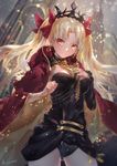  absurdres artist_name azomo bangs black_dress black_leotard blonde_hair blurry bow breasts cape cowboy_shot depth_of_field downscaled_revision dress ereshkigal_(fate/grand_order) fate/grand_order fate_(series) hair_bow hand_on_own_chest hands_up highres legs_apart leotard light_smile long_hair md5_mismatch medium_breasts orange_eyes outdoors parted_bangs parted_lips red_bow red_eyes signature small_breasts solo wavy_hair 