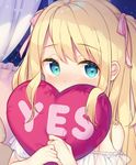  aqua_eyes bekotarou blonde_hair blush commentary_request covered_mouth eyebrows_visible_through_hair hair_ribbon looking_at_viewer original pillow pillow_hug pink_ribbon ribbon solo yes yes-no_pillow 