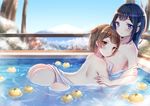  ass blue_eyes blue_hair blush breasts brown_eyes brown_hair collarbone emia_wang highres hiryuu_(kantai_collection) kantai_collection large_breasts long_hair multiple_girls nude one_side_up onsen open_mouth partially_submerged short_hair souryuu_(kantai_collection) 