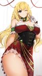  absurdres bell bell_choker blonde_hair blue_eyes breasts choker christmas cleavage commentary_request dress fur_trim gloves highres large_breasts long_hair neptune_(series) one_eye_closed sendrawz sleeveless smile solo strapless strapless_dress thighs tube_dress v vert white_gloves 