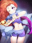  ;) bil-ajeossi blue_shorts blush bracelet breasts commentary_request cowboy_shot crop_top gradient_hair highres interlocked_fingers jewelry league_of_legends long_hair looking_to_the_side midriff multicolored_hair navel necklace one_eye_closed orange_hair purple_eyes purple_hair sarong scarf shorts sky sleeveless small_breasts smile star_(sky) starry_sky stomach two-tone_hair very_long_hair zoe_(league_of_legends) 