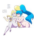 2017 alpha_channel blonde_hair blue_hair breast_fondling breasts cybernetics cyborg dialogue duo english_text female female/female fondling hair hand_on_breast human humanoid machine mammal navel nipples not_furry pivot pussy robotic simple_background text transparent_background white_skin zedrin 