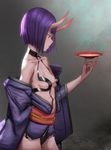  1s44c absurdres bare_shoulders breasts commentary_request cup eyebrows_visible_through_hair fate/grand_order fate_(series) highres holding horns japanese_clothes oni oni_horns perky_breasts purple_hair revealing_clothes sakazuki short_hair shuten_douji_(fate/grand_order) small_breasts solo 