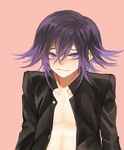  1boy bangs black_shirt buttons danganronpa eyebrows matching_hair/eyes nanamichiii new_danganronpa_v3 ouma_kokichi purple_eyes purple_hair shirt shirtless short_hair side_bangs simple_background smile solo 