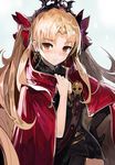  andrian_gilang asymmetrical_gloves black_dress black_gloves blonde_hair blush cape dress ereshkigal_(fate/grand_order) fate/grand_order fate_(series) floating_hair gloves hair_ornament hand_on_hip highres long_hair looking_at_viewer orange_eyes red_cape red_eyes short_dress sketch solo standing very_long_hair 