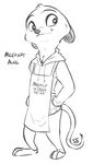  2017 alec&#039;s_meerkat alec8ter anthro apron barefoot black_and_white clothed clothing english_text hands_in_pockets herpestid hoodie male mammal meerkat mongoose monochrome signature simple_background smile solo standing text white_background 