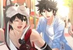  akiya-kamikawa clothing green_eyes grey_eyes hat human human_only liao mammal nekojishi not_furry one_eye_closed outside shu-chi sleeveless_hoodie smile wink 