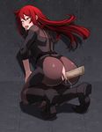  1girl ahegao anal ass atatatamu back blush bodysuit boots breasts cum disembodied_penis from_behind full_body hetero highres jpeg_artifacts kneeling little_witch_academia long_hair medium_breasts penis red_eyes red_hair saliva sex shiny_chariot tongue tongue_out torn_clothes 
