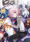  andrian_gilang arjuna_(fate/grand_order) artoria_pendragon_(all) bed black_dress black_legwear cardigan character_doll dakimakura_(object) dress fate/grand_order fate_(series) fou_(fate/grand_order) from_above hair_between_eyes highres indoors karna_(fate) looking_at_viewer lying mash_kyrielight mordred_(fate) mordred_(fate)_(all) necktie oda_nobunaga_(fate) on_side open_cardigan open_clothes pantyhose pillow pink_hair pleated_dress purple_eyes red_neckwear saber short_dress short_hair smile solo sweater 