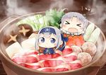  &gt;_&lt; ahoge ainu_clothes akitsushima_(kantai_collection) bandana blue_eyes blue_headband cabbage chibi commentary cropped_jacket folded_ponytail food gloves grey_hair hinata_yuu in_food kamoi_(kantai_collection) kantai_collection long_hair looking_at_viewer meat minigirl multiple_girls mushroom open_mouth outstretched_arms pot side_ponytail sidelocks silver_hair smile steam sukiyaki thick_eyebrows translated upper_body white_gloves wrist_guards 