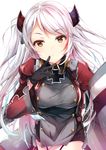  azur_lane bangs banned_artist black_gloves breasts brown_eyes closed_mouth commentary_request cowboy_shot dress garter_straps gloves hand_up highlights iron_cross juliet_sleeves large_breasts leaning_forward long_hair long_sleeves looking_at_viewer multicolored_hair prinz_eugen_(azur_lane) puffy_sleeves red_hair short_dress sideboob silver_hair simple_background solo suihi two_side_up white_background white_hair 
