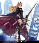  :d armor armored_boots asymmetrical_legwear bangs birdcage black_dress black_footwear black_legwear black_leotard blonde_hair boots bow cage cape cloak commentary_request dress ereshkigal_(fate/grand_order) fate/grand_order fate_(series) fur_trim hair_bow hand_on_hip high_heel_boots high_heels highres holding holding_sword holding_weapon lance leotard long_hair open_mouth parted_bangs polearm purple_bow purple_eyes red_eyes single_greave single_thighhigh skull smile solo spine sword teeth thighhighs thighs tiara two_side_up weapon yahako 