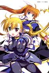  black_gloves blonde_hair blue_eyes blue_ribbon bodysuit breasts breasts_apart brown_hair eyebrows_visible_through_hair fingerless_gloves floating_hair fujima_takuya gloves green_eyes hair_between_eyes hair_ribbon heterochromia highres holding holding_weapon large_breasts long_hair lyrical_nanoha magical_girl mahou_shoujo_lyrical_nanoha mahou_shoujo_lyrical_nanoha_vivid multiple_girls open_mouth ponytail red_eyes ribbon side_ponytail simple_background takamachi_nanoha torn_bodysuit torn_clothes torn_gloves very_long_hair vivio waist_cape weapon white_background white_ribbon 