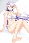 alternate_costume azur_lane bare_arms bare_legs bare_shoulders barefoot belfast_(azur_lane) bikini blue_eyes breasts cleavage collarbone commentary_request devil_fish feet front-tie_top large_breasts legs long_hair looking_at_viewer mouth_hold navel pov_feet purple_hair side-tie_bikini sitting soles solo swimsuit toes white_bikini 