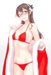  ;) alternate_costume bangs bare_shoulders bikini breasts brown_hair coat cowboy_shot fur-trimmed_coat fur-trimmed_sleeves fur_trim glasses gradient gradient_background green_eyes hairband highres kantai_collection lips long_hair looking_at_viewer navel one_eye_closed ooyodo_(kantai_collection) open_clothes open_coat red-framed_eyewear red_bikini red_coat santa_costume semi-rimless_eyewear single_sidelock small_breasts smile solo standing stomach straight_hair swimsuit tareme thighs under-rim_eyewear undressing white_background white_hairband yuuji_(and) 