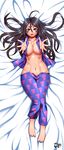  aa_megami-sama barefoot bedroom black_hair breasts brown_eyes cleavage collarbone commentary dakimakura facial_mark forehead_mark goddess highres jadenkaiba large_breasts long_hair lying navel on_back on_bed open_clothes open_shirt pajamas shirt skuld smile very_long_hair 