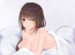  blanket blush breasts brown_hair cleavage clock_eyes collarbone convenient_arm covering date_a_live happy_birthday heterochromia highres large_breasts long_hair looking_at_viewer lying nude nude_cover on_bed on_stomach red_eyes smile solo symbol-shaped_pupils tokisaki_kurumi user_mnwn3283 yellow_eyes 