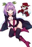  :o automaton_(object) black_legwear boots breasts cape collarbone colonel_olcott_(fate/grand_order) commentary_request doll fate/grand_order fate_(series) fur_trim garter_straps hat helena_blavatsky_(fate/grand_order) highres holly looking_at_viewer nishimi_shin purple_eyes purple_hair sack santa_costume santa_hat short_hair small_breasts solo thighhighs 