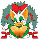  2017 absurd_res anthro areola bat big_breasts breasts bust_(disambiguation) christmas clothed clothing disembodied_hand eyelashes female hi_res holidays huge_breasts looking_at_viewer makeup mammal marthedog nipples open_mouth plant ribbons rouge_the_bat smile solo sonic_(series) teeth video_games wreath 