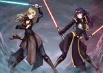  adsouto blonde_hair boobplate borrowed_character breastplate breasts commentary commission covered_navel dual_wielding energy_sword green_eyes highres holding impossible_clothes impossible_shirt jedi large_breasts lightsaber long_hair multiple_girls original pelvic_curtain pointy_ears ponytail purple_hair shirt sith star_wars sword weapon 