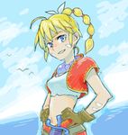  blonde_hair blue_eyes breasts chrono_cross commentary_request gloves high_ponytail jewelry kid_(chrono_cross) long_hair looking_at_viewer midriff multi-tied_hair navel necklace ponytail pota_(bluegutty) skirt small_breasts smile solo vest 