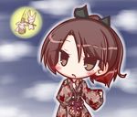  &gt;_&lt; :3 :o animal bangs black_ribbon brown_eyes brown_hair brown_kimono bunny eyebrows_visible_through_hair full_moon gradient_hair hair_between_eyes hair_ribbon high_ponytail japanese_clothes kantai_collection kimono kinchaku komakoma_(magicaltale) leaf_print long_sleeves mallet moon multicolored_hair obi parted_lips ponytail pouch print_kimono red_hair ribbon sash shikinami_(kantai_collection) solo wide_sleeves 