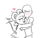  &lt;3 anon anthro bald blush clothing cute dress duo english_text eyelashes female hair hug human low_res male mammal mouse mousey_(ttda) rodent sheetstane smile text try_to_date_animals young 