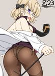  asaga_aoi ass azur_lane bare_shoulders black_bow black_neckwear blonde_hair blush bow breasts commentary covered_nipples fang glasses grey_background hair_bow long_sleeves looking_at_viewer open_mouth panties panties_under_pantyhose pantyhose purple_eyes shirt short_hair sideboob simple_background small_breasts solo sweatdrop twitter_username underwear white_shirt z23_(azur_lane) 