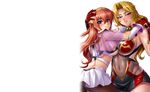  2girls alicia_viewstream black_legwear blonde_hair blush breast_press breasts curvy female gloves hair_ornament happy hug jewelry kagami_hirotaka kangoku_senkan kangoku_senkan_2 large_breasts lilith-soft looking_at_viewer looking_back maya_cordelia multiple_girls no_bra orange_hair pantyhose princess purple_eyes red_eyes see-through shiny shiny_clothes shiny_hair sideboob simple_background skin_tight skirt smile solo sweat taimanin_asagi_battle_arena thighs thong tiara 