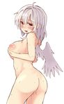  ass blush breast_hold breasts commentary_request cowboy_shot eyebrows_visible_through_hair from_behind highres inverted_nipples kishin_sagume long_hair looking_at_viewer medium_breasts nipples nude open_mouth red_eyes simple_background single_wing smile solo sweat touhou waira white_background white_hair white_wings wings 
