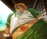  2017 anthro balls bear blush brown_fur clothed clothing eyewear foreskin fur glasses gloves hat invalid_tag male mammal oak oaks16 orchish_(pixiv) overweight overweight_male pants penis solo straw_hat tokyo_afterschool_summoners uncut volos 