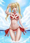  ahoge blonde_hair blush breasts cleavage collarbone day eyebrows_visible_through_hair fate/grand_order fate_(series) green_eyes highres large_breasts looking_at_viewer navel nero_claudius_(fate)_(all) nero_claudius_(swimsuit_caster)_(fate) open_mouth outdoors smile solo standing suikunart v wading water wet 