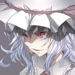  ascot blue_hair close-up commentary_request hair_between_eyes hat hat_ribbon highres kakko_madoka long_hair mob_cap parted_lips portrait red_eyes red_neckwear red_ribbon remilia_scarlet ribbon simple_background slit_pupils smile solo touhou white_hat 