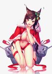  absurdres alternate_costume animal_ears atago_(azur_lane) azur_lane bangs bell black_hair breasts brown_eyes cape christmas commentary hair_bell hair_ornament highres large_breasts lmz1234tapir long_hair looking_at_viewer mole mole_under_eye navel red_cape solo swept_bangs turret 