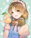  :d bad_id bad_pixiv_id bangs black_ribbon blue_ribbon blush brown_hair ells eyebrows_visible_through_hair food fruit hair_ribbon hairband holding holding_food holding_fruit leaf leaf_background long_hair looking_at_viewer low_twintails neck_ribbon open_mouth orange_eyes original parted_bangs pear pinky_out puffy_short_sleeves puffy_sleeves ribbon short_sleeves smile solo tareme twintails upper_body water_drop wrist_cuffs 