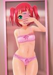  1girl arm_behind_back bare_arms bare_legs bare_shoulders blush bow bow_bra bow_panties bra breasts cameltoe collarbone cowboy_shot embarrassed enotato female gluteal_fold holding holding_phone kurosawa_ruby love_live!_sunshine!! mirror navel panties phone red_hair reflection self_shot small_breasts smartphone solo tied_hair two_side_up underwear 