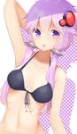  :p arm_at_side arm_behind_head arm_up armpits bad_id bad_pixiv_id bare_arms bare_shoulders bikini black_bikini black_ribbon breasts closed_mouth collarbone front-tie_bikini front-tie_top hair_ornament hair_tubes hairpin highres long_hair looking_at_viewer low_twintails navel pink_hair polka_dot purple_eyes ribbon shiny shiny_hair small_breasts smile solo stomach swimsuit tareme tongue tongue_out twintails vocaloid voiceroid yusake_san yuzuki_yukari 