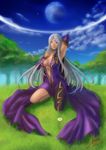  aa_megami-sama arm_up breasts center_opening choker cleavage commentary_request dark_skin goddess large_breasts long_hair navel purple_eyes smile urd very_long_hair white_hair x85219960 