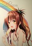  absurdres bare_shoulders brown_hair character_name eyebrows_visible_through_hair food hair_bobbles hair_ornament highres long_hair looking_at_viewer non-web_source official_art open_mouth popsicle rainbow solo to_love-ru tongue tongue_out upper_body yabuki_kentarou yellow_eyes yuuki_mikan 