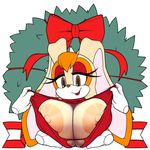  2017 absurd_res anthro areola big_breasts breasts bust_(disambiguation) christmas clothed clothing disembodied_hand eyelashes female hi_res holidays huge_breasts lagomorph looking_at_viewer makeup mammal marthedog nipples open_mouth plant rabbit ribbons smile solo sonic_(series) teeth vanilla_the_rabbit video_games wreath 