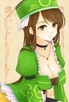  breasts brown_eyes brown_hair choker claudia_(saga) cleavage commentary_request eyelashes hanging_breasts hat jewelry large_breasts long_hair looking_at_viewer necklace romancing_saga_minstrel_song saga sm156 solo 