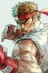  blue_background brown_hair closed_mouth dougi eyebrows fighting_stance fingerless_gloves frown gloves hankuri headband male_focus muscle red_gloves red_headband ryuu_(street_fighter) simple_background solo spiked_hair street_fighter torn_clothes torn_sleeves 
