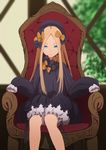  abigail_williams_(fate/grand_order) armchair bangs black_bow black_dress black_hat blonde_hair bloomers blue_eyes blurry blurry_background bow bug butterfly chair closed_mouth commentary_request depth_of_field dress fate/grand_order fate_(series) forehead hair_bow hat highres insect long_hair long_sleeves looking_at_viewer orange_bow parted_bangs polka_dot polka_dot_bow sitting sleeves_past_fingers sleeves_past_wrists smile solo sonri underwear very_long_hair white_bloomers 