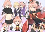  1girl :&lt; :d :o ;d ^_^ ^o^ absurdres alternate_costume arm_around_shoulder astolfo_(fate) bangs black_bow black_gloves black_legwear blonde_hair blush bow braid bruise cape closed_eyes closed_mouth collared_shirt cropped_legs emblem eye_contact eyebrows_visible_through_hair fang fate/apocrypha fate_(series) faulds flying_sweatdrops fur_trim garter_straps gloves groin hair_bow hair_intakes highres index_finger_raised injury jacket jeanne_d'arc_(fate) jeanne_d'arc_(fate)_(all) kusumoto_touka leaning_forward long_hair looking_at_another looking_at_viewer multicolored_hair navel necktie one_eye_closed open_clothes open_jacket open_mouth otoko_no_ko pink_background pink_hair purple_eyes purple_jacket purple_neckwear red_cape sheath sheathed shiny shiny_hair shirt simple_background single_braid smile stomach streaked_hair striped striped_shirt sword thighhighs translation_request v-shaped_eyebrows very_long_hair weapon white_cape white_hair white_shirt wing_collar wrist_guards zettai_ryouiki 