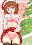  art_jam artist_name black_legwear blush bow bow_bra bow_panties bra breasts christmas christmas_ornaments christmas_tree cleavage cowboy_shot crotch_seam cursive english hat heart lifted_by_self merry_christmas miniskirt open_mouth original panties pink_bra pink_panties plaid plaid_skirt pleated_skirt red_hat red_skirt ribbed_shirt santa_hat shadow shirt shirt_lift short_hair skirt skirt_lift small_breasts solo thighhighs underwear white_shirt 