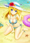  ankleband armpits bad_id bad_pixiv_id bangs bare_arms bare_legs bare_shoulders barefoot beach bikini blonde_hair blue_bikini blue_eyes blush breasts cleavage closed_mouth collarbone eroge-_(artist) eyebrows_visible_through_hair flower from_above front-tie_bikini front-tie_top full_body hair_between_eyes hand_on_headwear hand_up hat head_tilt heart hibiscus innertube jewelry large_breasts long_hair looking_at_viewer nail_polish navel necklace ocean original outdoors pebble petals petals_on_liquid pink_nails polka_dot purple_flower red_flower sand sand_writing seashell shell shiny shiny_skin side-tie_bikini sitting smile solo starfish straw_hat string_bikini striped striped_bikini sun_hat swimsuit toenail_polish wariza water_gun white_bikini white_flower white_hat yellow_flower 