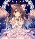  akabane_(zebrasmise) animal_ears bangs bare_shoulders blue_background blue_eyes blush bow brown_hair brown_wings cat_ears cat_girl cat_tail closed_mouth cover cover_page criss-cross_halter doujin_cover dress eyebrows_visible_through_hair feathered_wings flower gloves hair_between_eyes hair_bow halo halterneck head_tilt highres holding holding_flower long_hair looking_at_viewer off-shoulder_dress off_shoulder original puffy_short_sleeves puffy_sleeves rose short_sleeves smile solo star tail very_long_hair white_bow white_dress white_flower white_gloves white_rose wings yotsuba_(akabane) 
